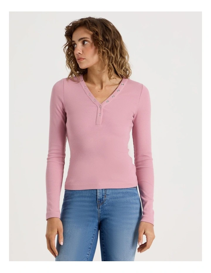 Slim Fit Long Sleeve Rib Henley in Lilas image 3