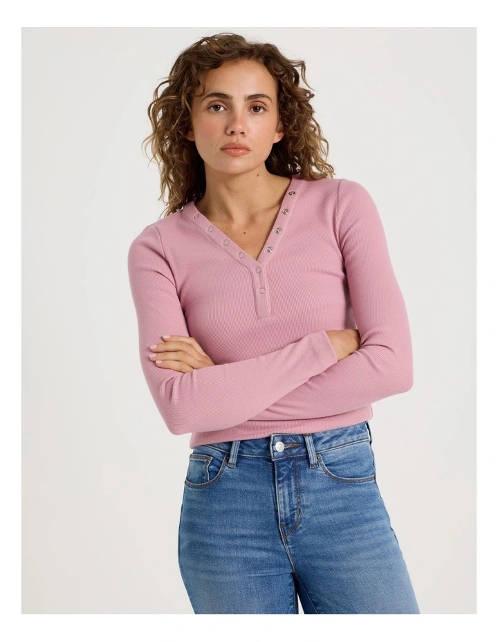 Slim Fit Long Sleeve Rib Henley in Lilas image 4