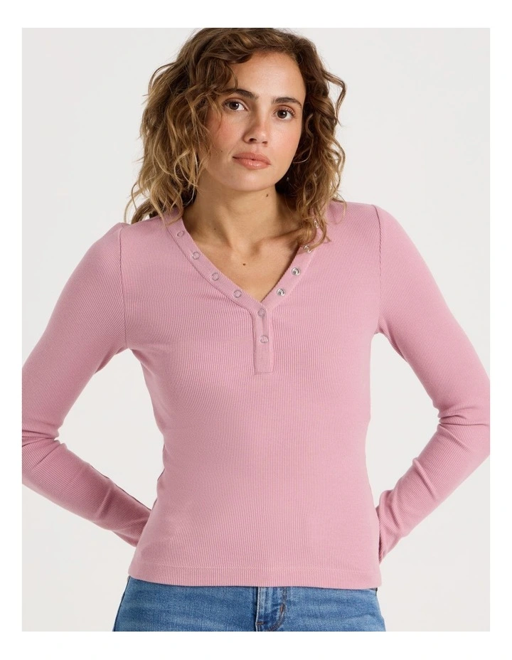 Slim Fit Long Sleeve Rib Henley in Lilas image 5