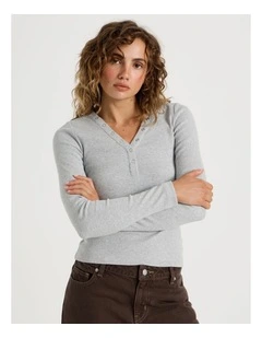 Slim Fit Long Sleeve Rib Henley in Grey Marle