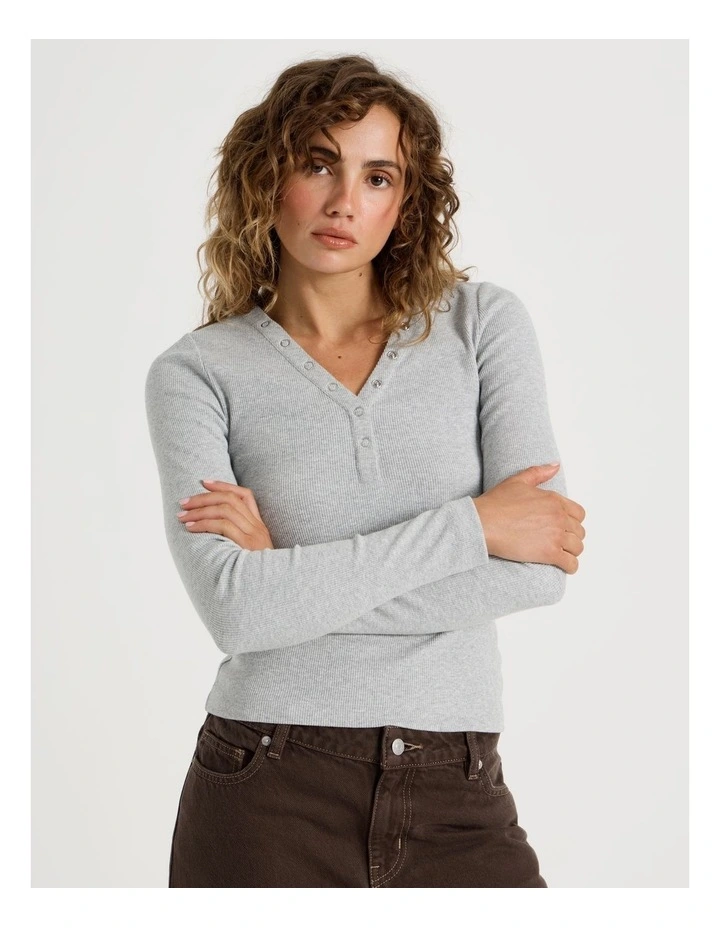 Slim Fit Long Sleeve Rib Henley in Grey Marle image 1