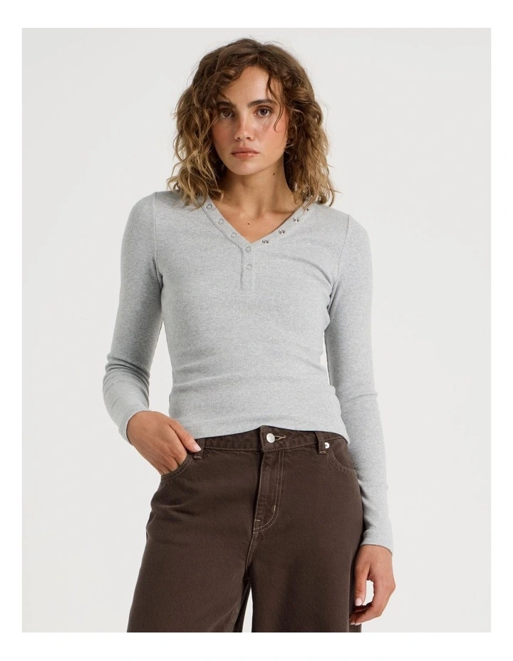 Slim Fit Long Sleeve Rib Henley in Grey Marle image 2