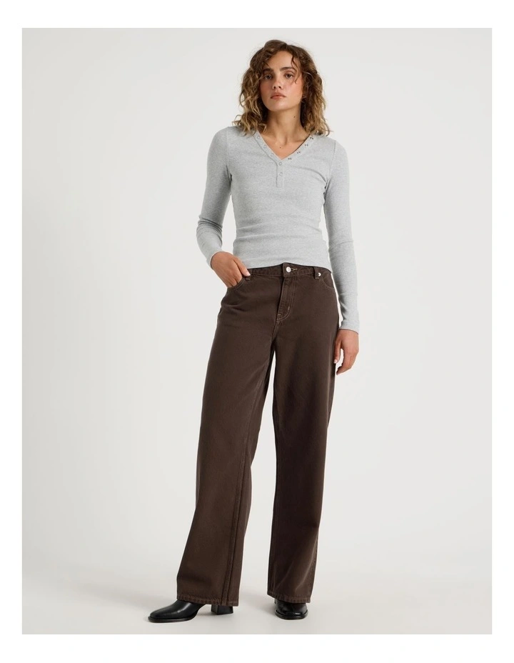 Slim Fit Long Sleeve Rib Henley in Grey Marle image 3