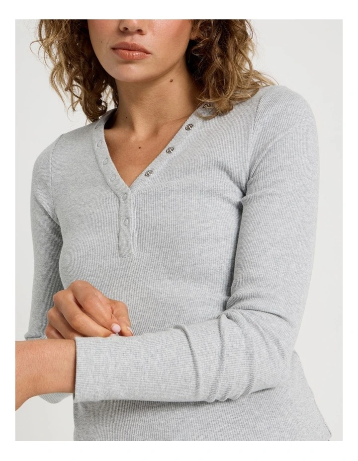 Slim Fit Long Sleeve Rib Henley in Grey Marle image 4