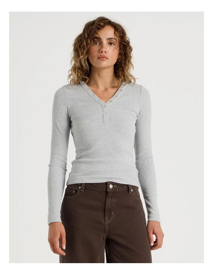 Slim Fit Long Sleeve Rib Henley in Grey Marle image 5