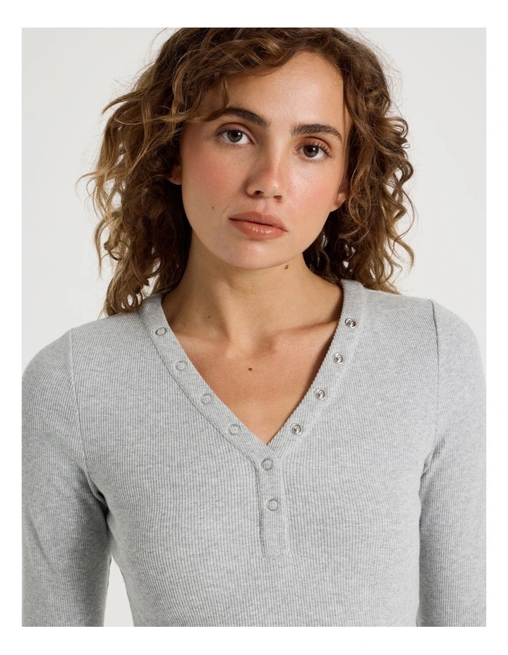 Slim Fit Long Sleeve Rib Henley in Grey Marle image 7