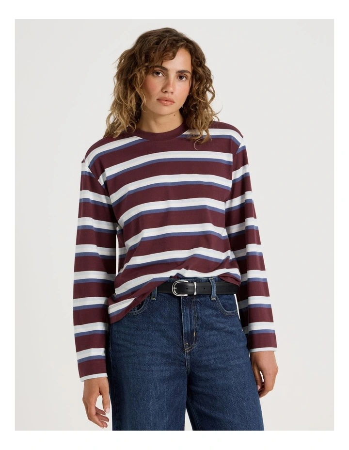 Bell Sleeve Long Sleeve Tee in Burgundy/Blue Stripe image 1