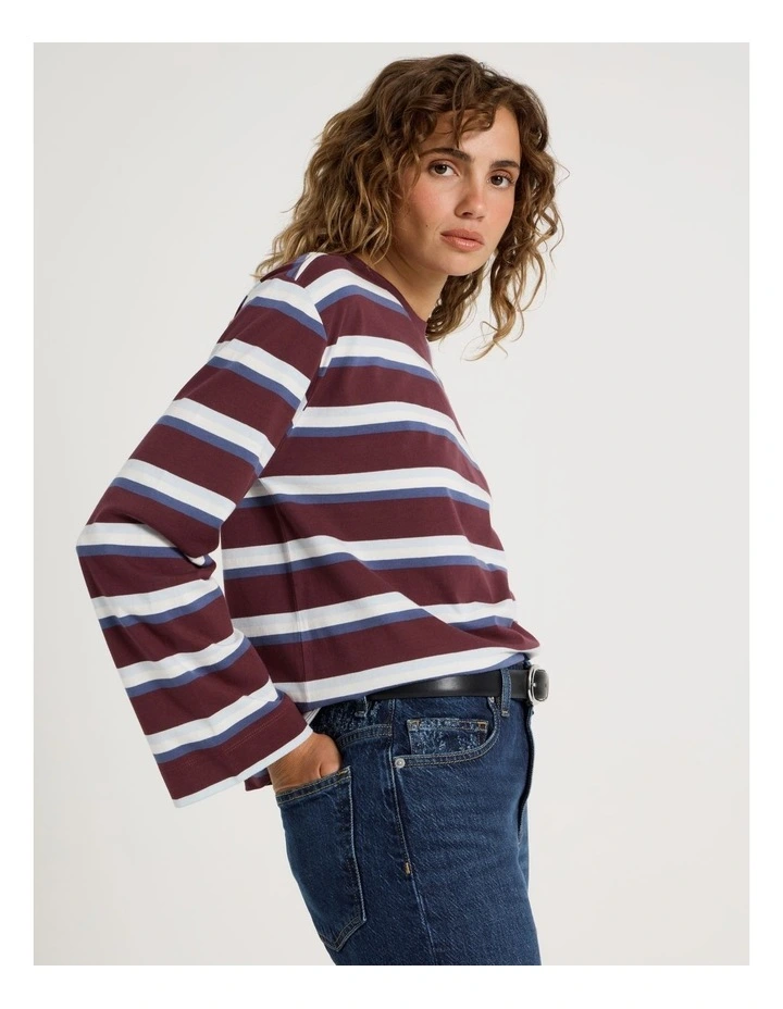 Bell Sleeve Long Sleeve Tee in Burgundy/Blue Stripe image 2