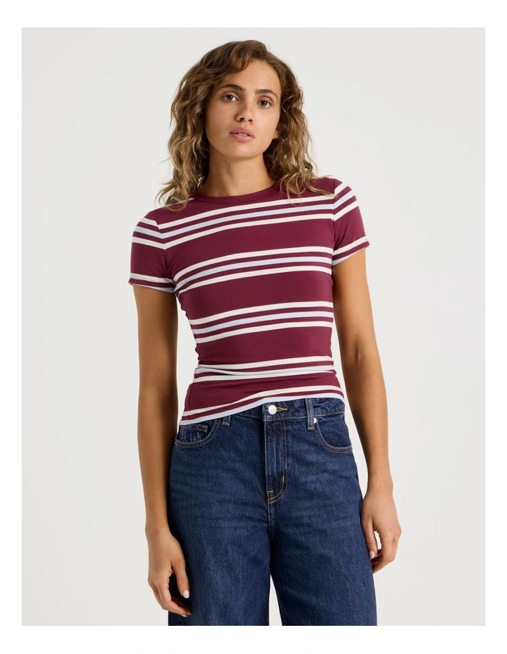 Crew Neck Baby Tee in Burgundy/Blue Stripe image 2