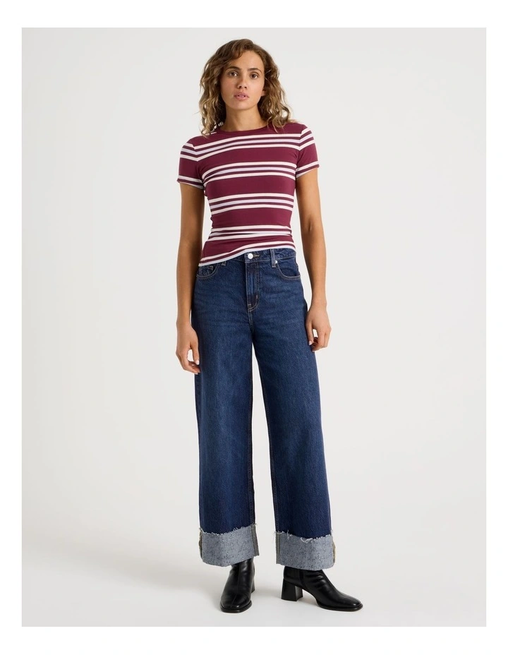 Crew Neck Baby Tee in Burgundy/Blue Stripe image 3