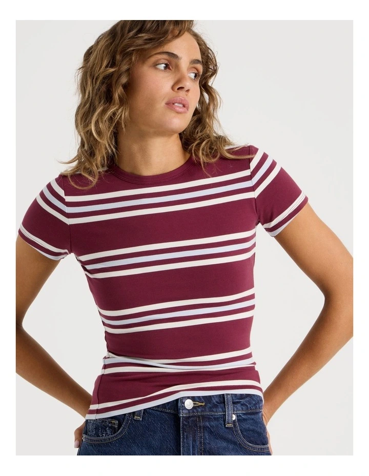 Crew Neck Baby Tee in Burgundy/Blue Stripe image 4