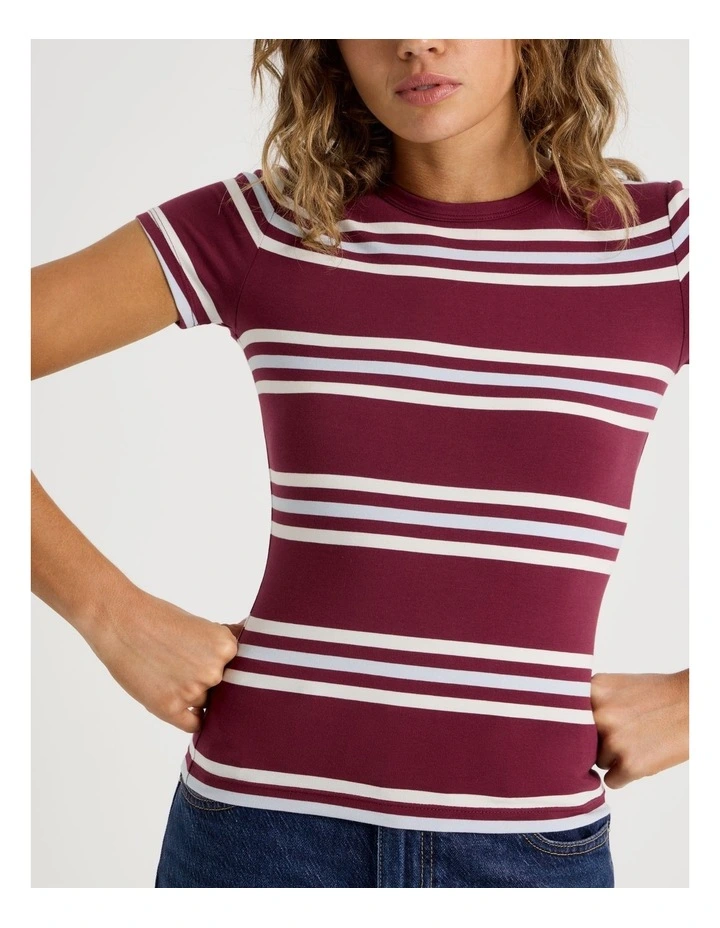 Crew Neck Baby Tee in Burgundy/Blue Stripe image 5