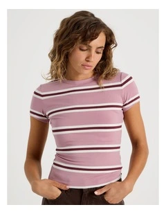 Crew Neck Baby Tee in Pink/Burgundy Stripe