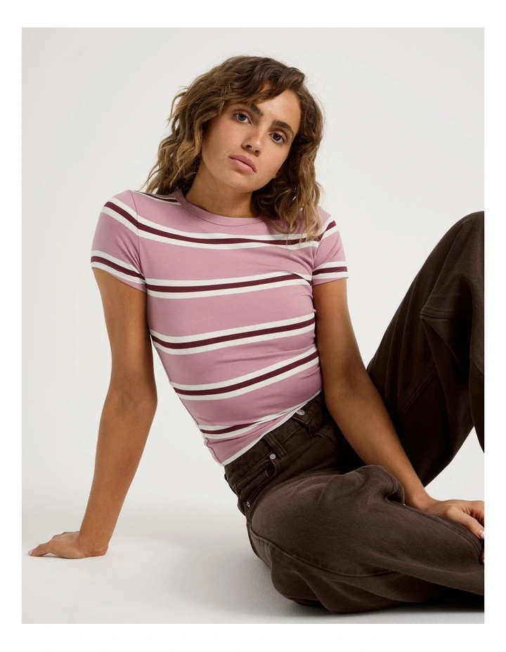Crew Neck Baby Tee in Pink/Burgundy Stripe image 2