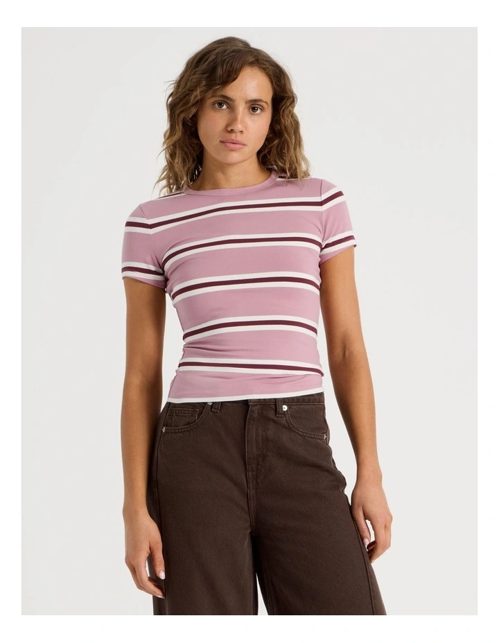 Crew Neck Baby Tee in Pink/Burgundy Stripe image 5