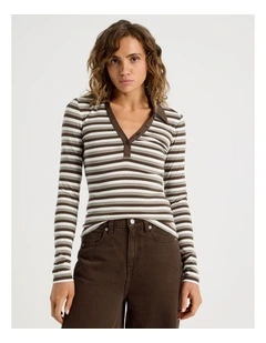 Long Sleeve Slim Fit Polo Top In Brown Stripe