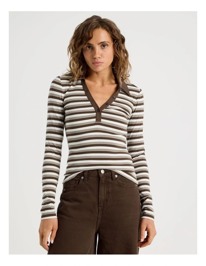 Long Sleeve Slim Fit Polo Top In Brown Stripe image 1