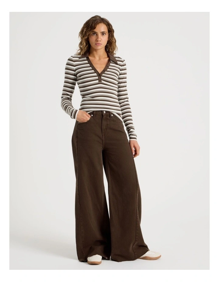 Long Sleeve Slim Fit Polo Top In Brown Stripe image 2