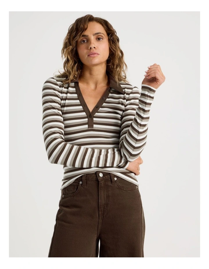 Long Sleeve Slim Fit Polo Top In Brown Stripe image 3