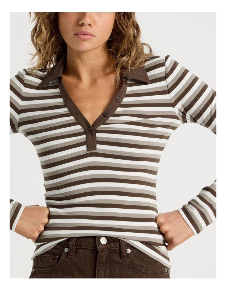 Long Sleeve Slim Fit Polo Top In Brown Stripe image 4