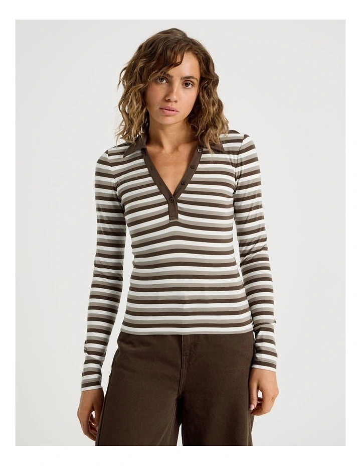 Long Sleeve Slim Fit Polo Top In Brown Stripe image 5