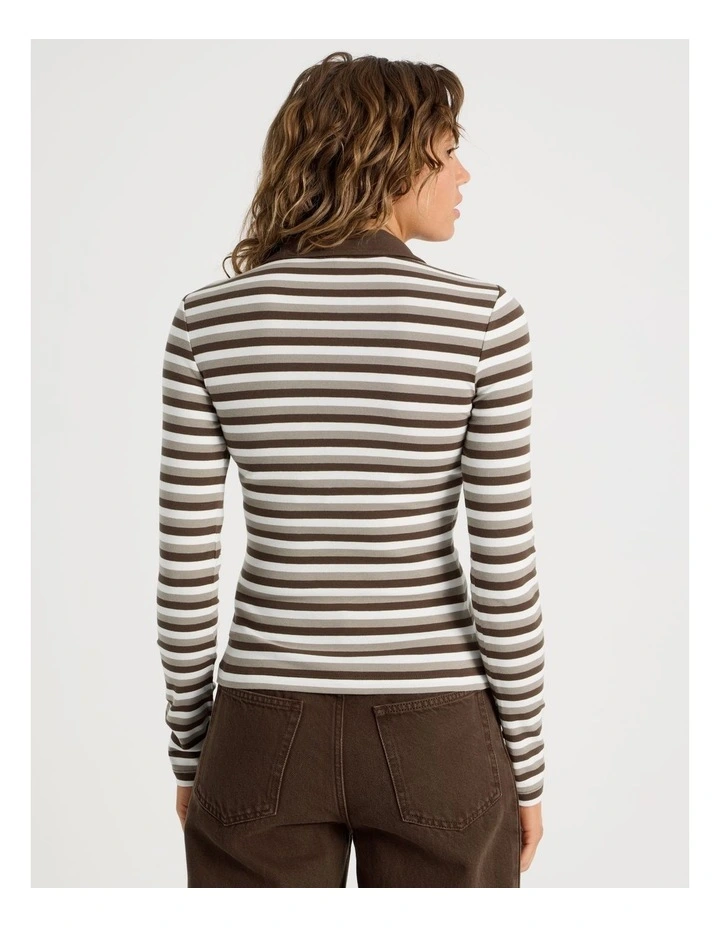 Long Sleeve Slim Fit Polo Top In Brown Stripe image 6