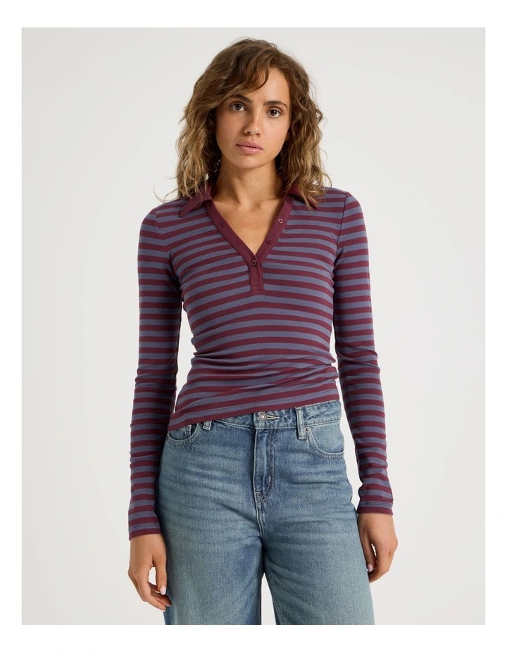 Long Sleeve Slim Fit Polo Top in Burgundy Stripe image 1
