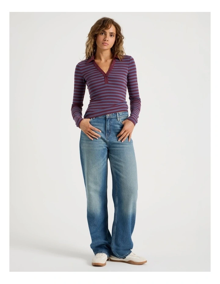 Long Sleeve Slim Fit Polo Top in Burgundy Stripe image 2