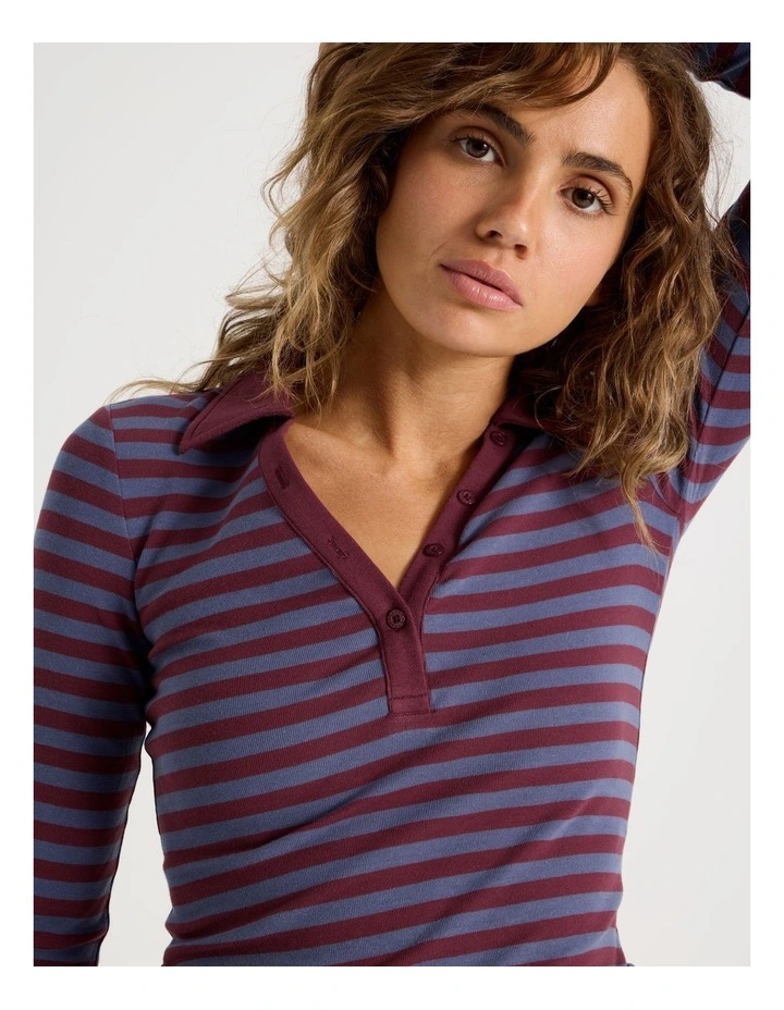 Long Sleeve Slim Fit Polo Top in Burgundy Stripe image 4