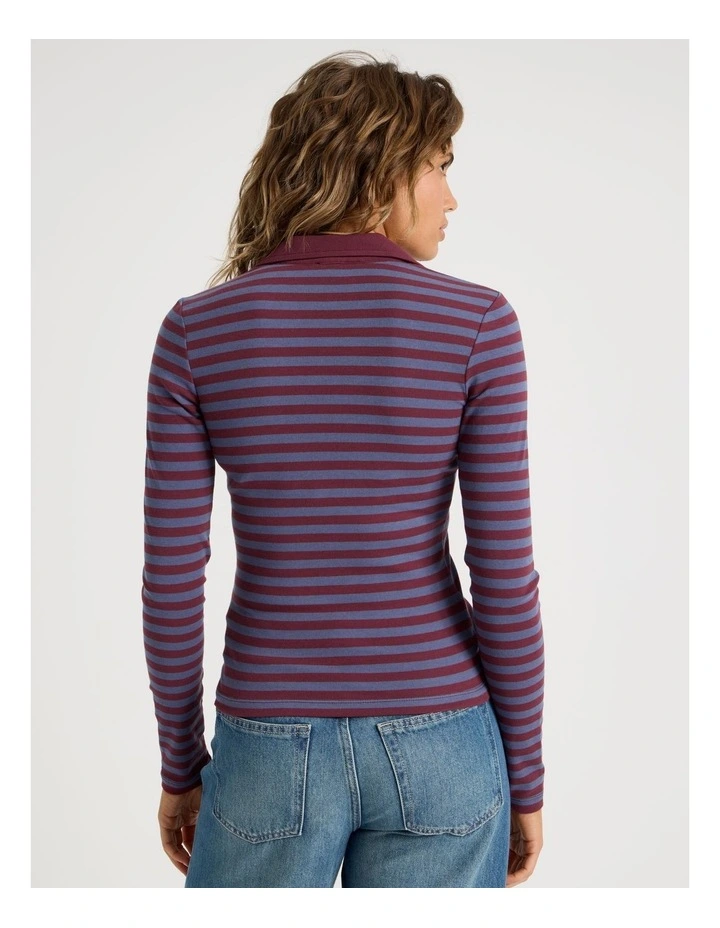 Long Sleeve Slim Fit Polo Top in Burgundy Stripe image 5
