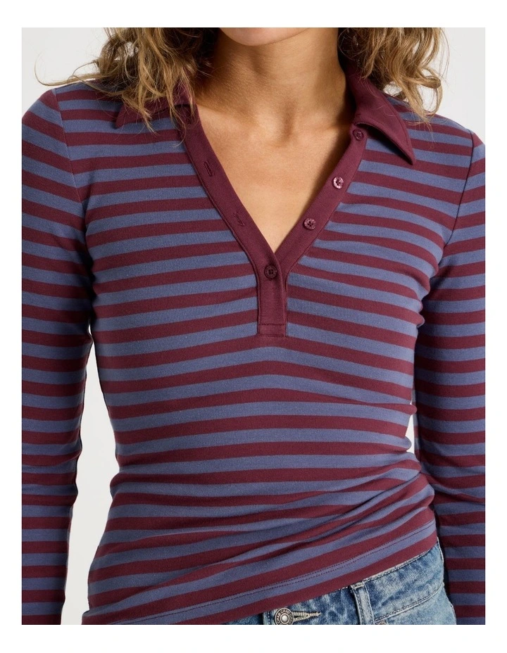 Long Sleeve Slim Fit Polo Top in Burgundy Stripe image 6