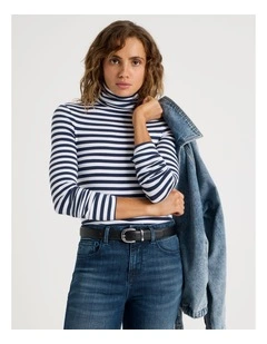 Long Sleeve Roll Neck Top in Navy/White Stripe