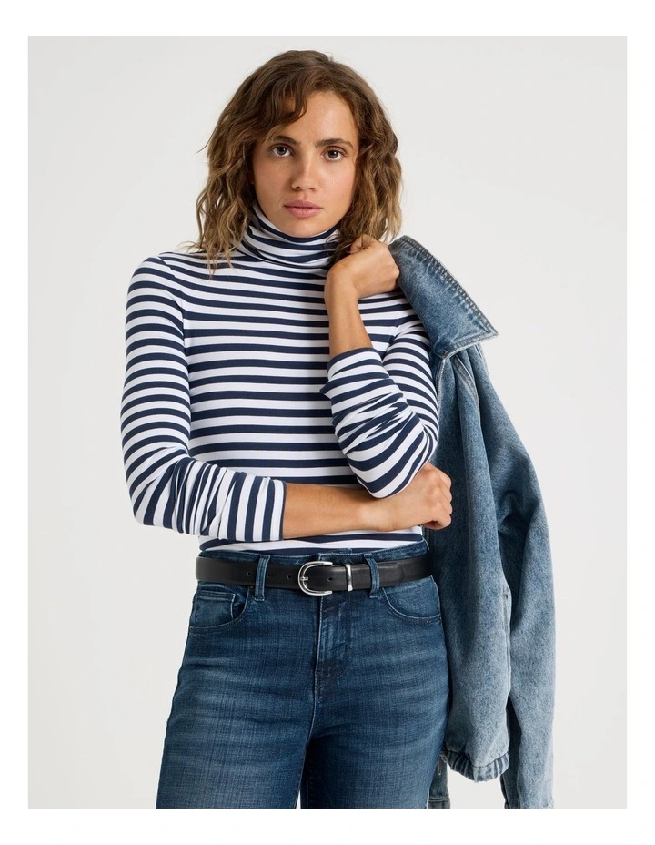 Long Sleeve Roll Neck Top in Navy/White Stripe image 1