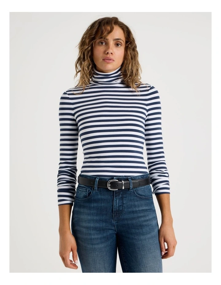 Long Sleeve Roll Neck Top in Navy/White Stripe image 3