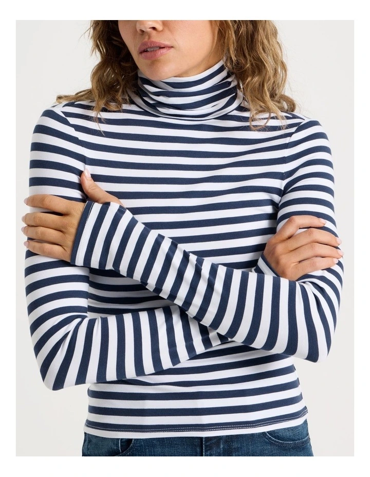 Long Sleeve Roll Neck Top in Navy/White Stripe image 4