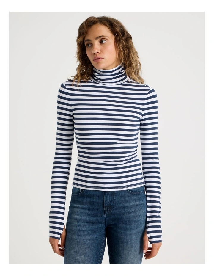 Long Sleeve Roll Neck Top in Navy/White Stripe image 5