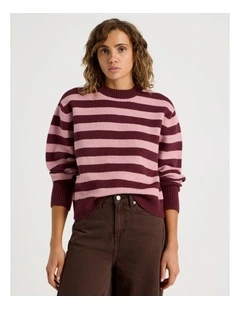 Round Neck Jumper in Lilas/Burgundy Stripe