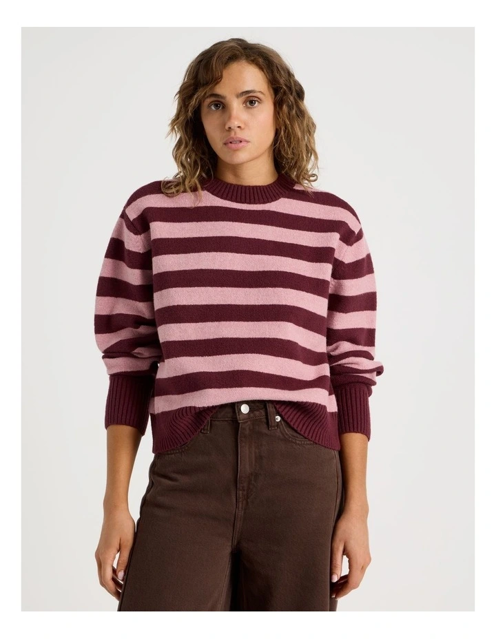 Round Neck Jumper in Lilas/Burgundy Stripe image 1