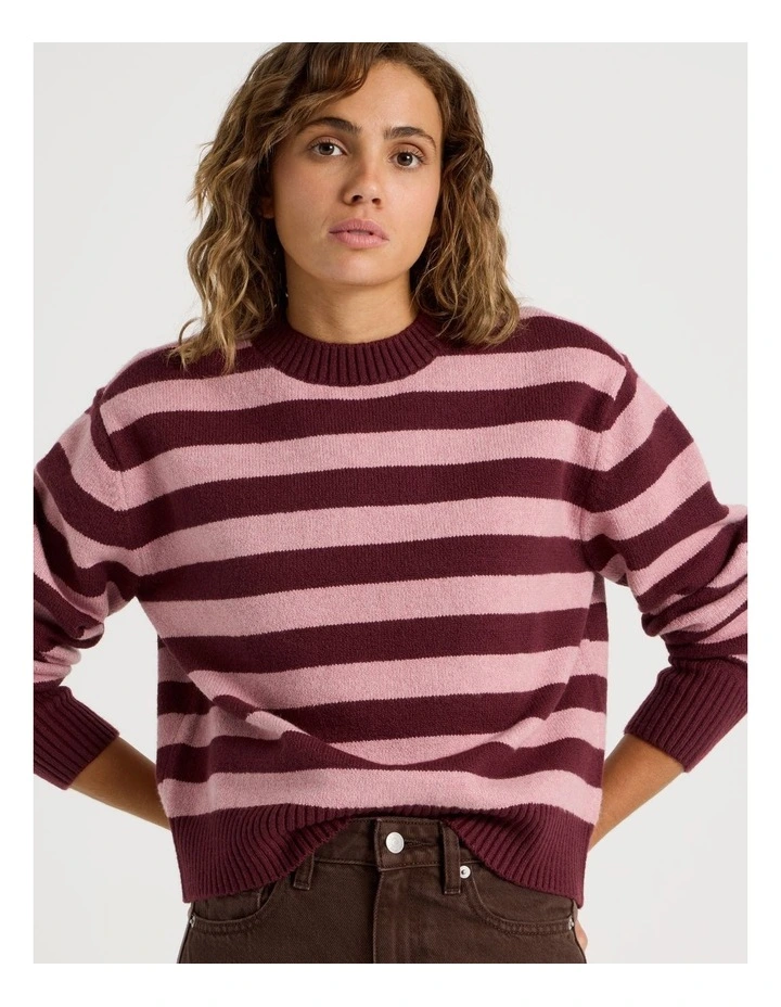 Round Neck Jumper in Lilas/Burgundy Stripe image 2