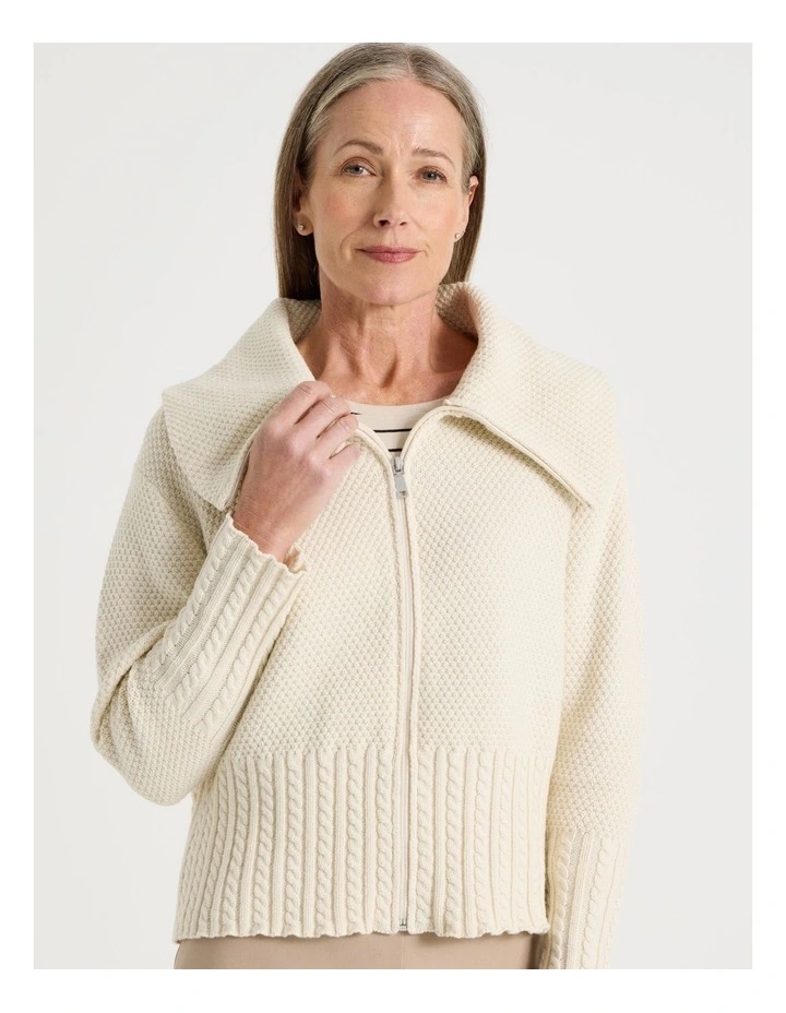 Cable Hem And Cuff Zip Up Cardigan in Ivory image 1