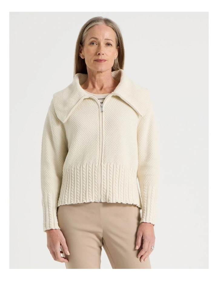 Cable Hem And Cuff Zip Up Cardigan in Ivory image 2