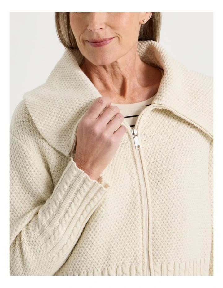 Cable Hem And Cuff Zip Up Cardigan in Ivory image 4