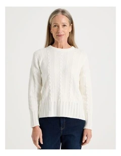 Cable Knit Long Sleeve Jumper With Pointelle Trims in Ivory