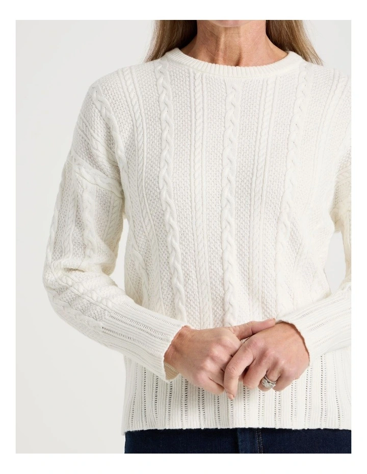 Cable Knit Long Sleeve Jumper With Pointelle Trims in Ivory image 2