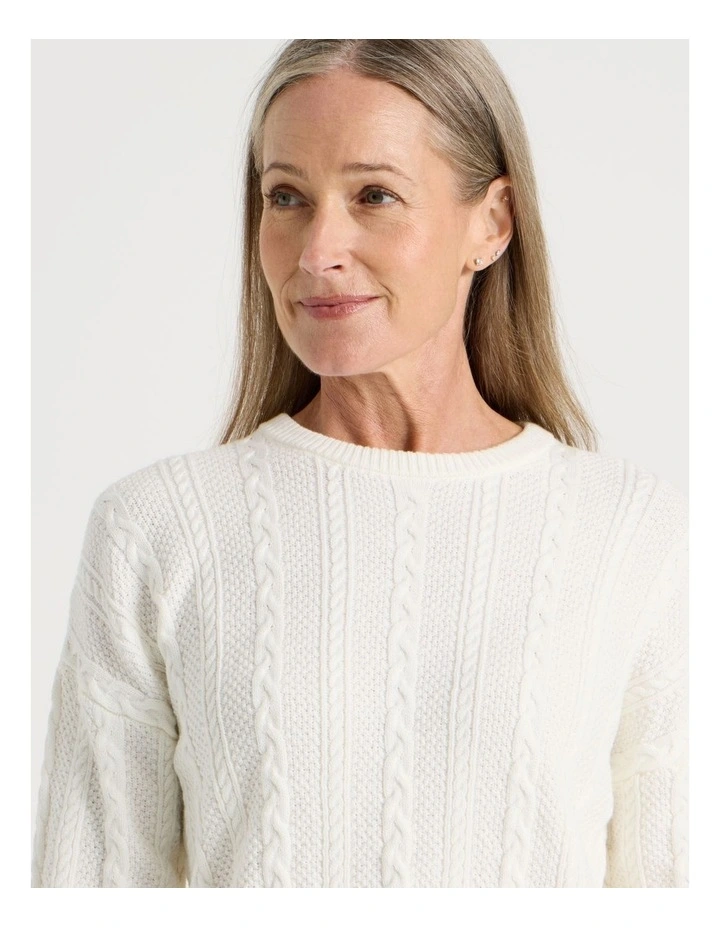 Cable Knit Long Sleeve Jumper With Pointelle Trims in Ivory image 4