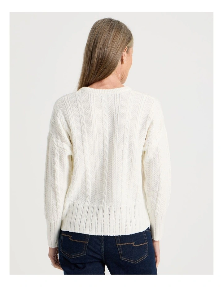 Cable Knit Long Sleeve Jumper With Pointelle Trims in Ivory image 5