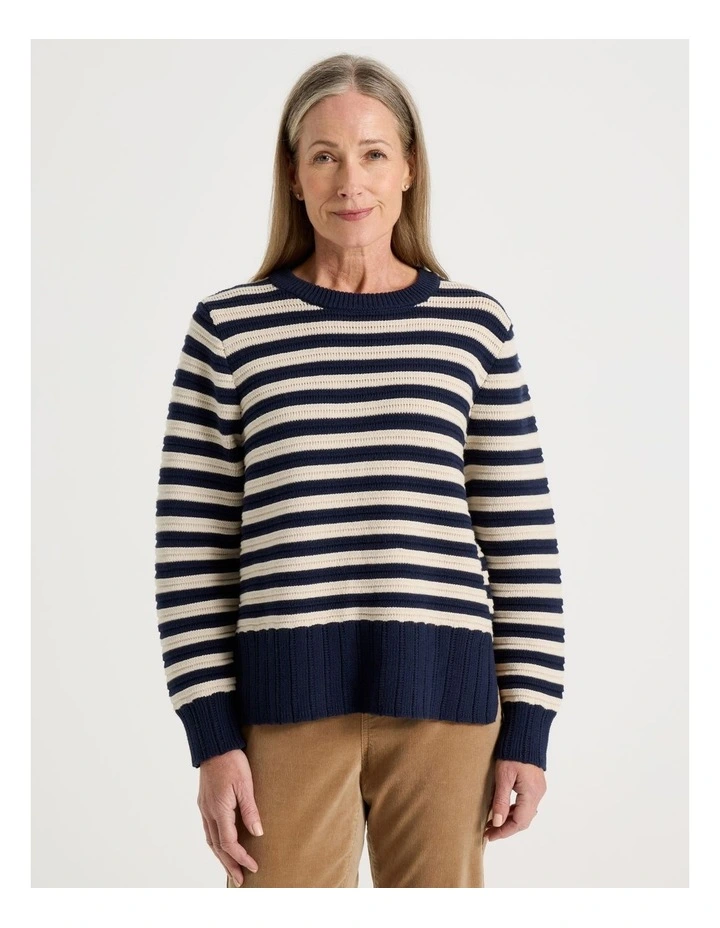 Stripe Long Sleeve Jumper With Pointelle Trims in Navy image 1