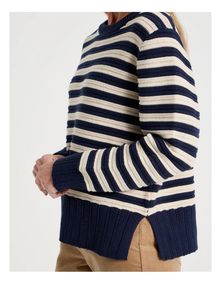 Stripe Long Sleeve Jumper With Pointelle Trims in Navy image 2