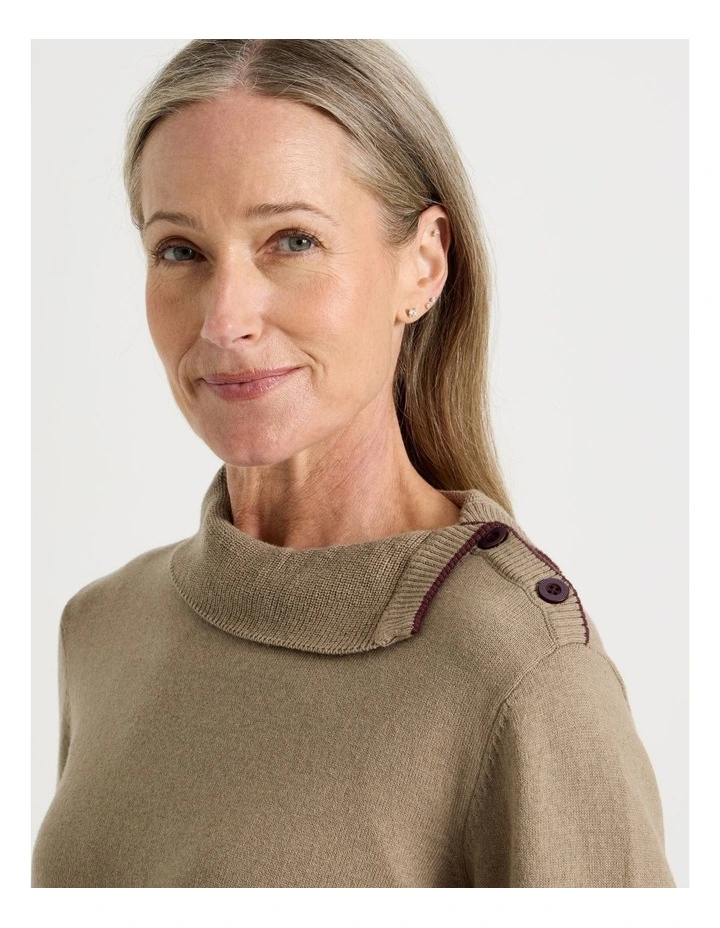 Button Shoulder Long Sleeve Jumper With Fold Neck in Camel image 1