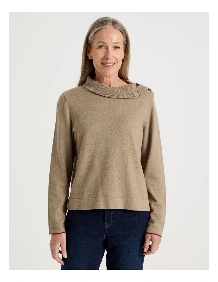 Button Shoulder Long Sleeve Jumper With Fold Neck in Camel image 2